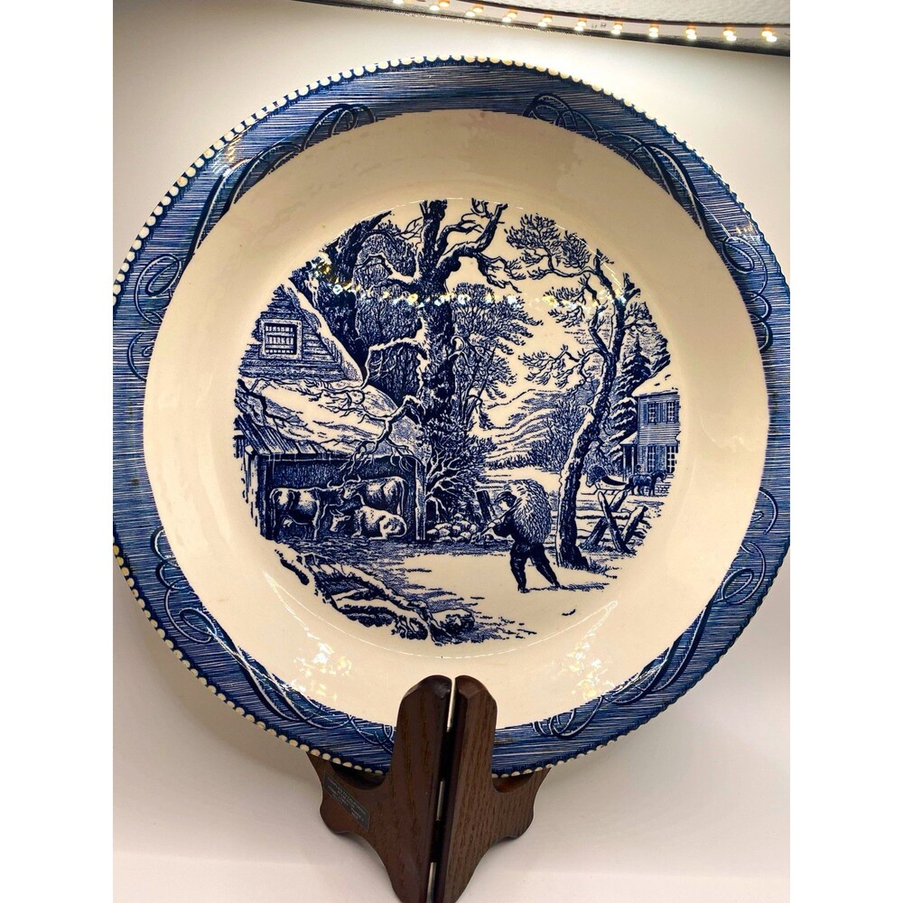 Vintage Royal China Currier and Ives Blue 10" Pie Plate A Snowy Morning USA